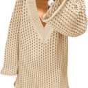 Saodimallsu Women Crochet Cover Up Long Sleeve Deep V Neck Hollow Out Sweater Oversized Beach Mini Dress Bathing Suit Coverup (Small, Khaki)