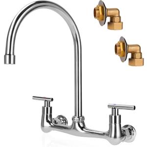 8 Inch Center Wall Mount Faucet,2-Handles Commercial Kitchen Sink Faucet with 8 inch Gooseneck Swivel Spout for Utility Sink and Restaurant Industrial Faucet,Chrome Finish