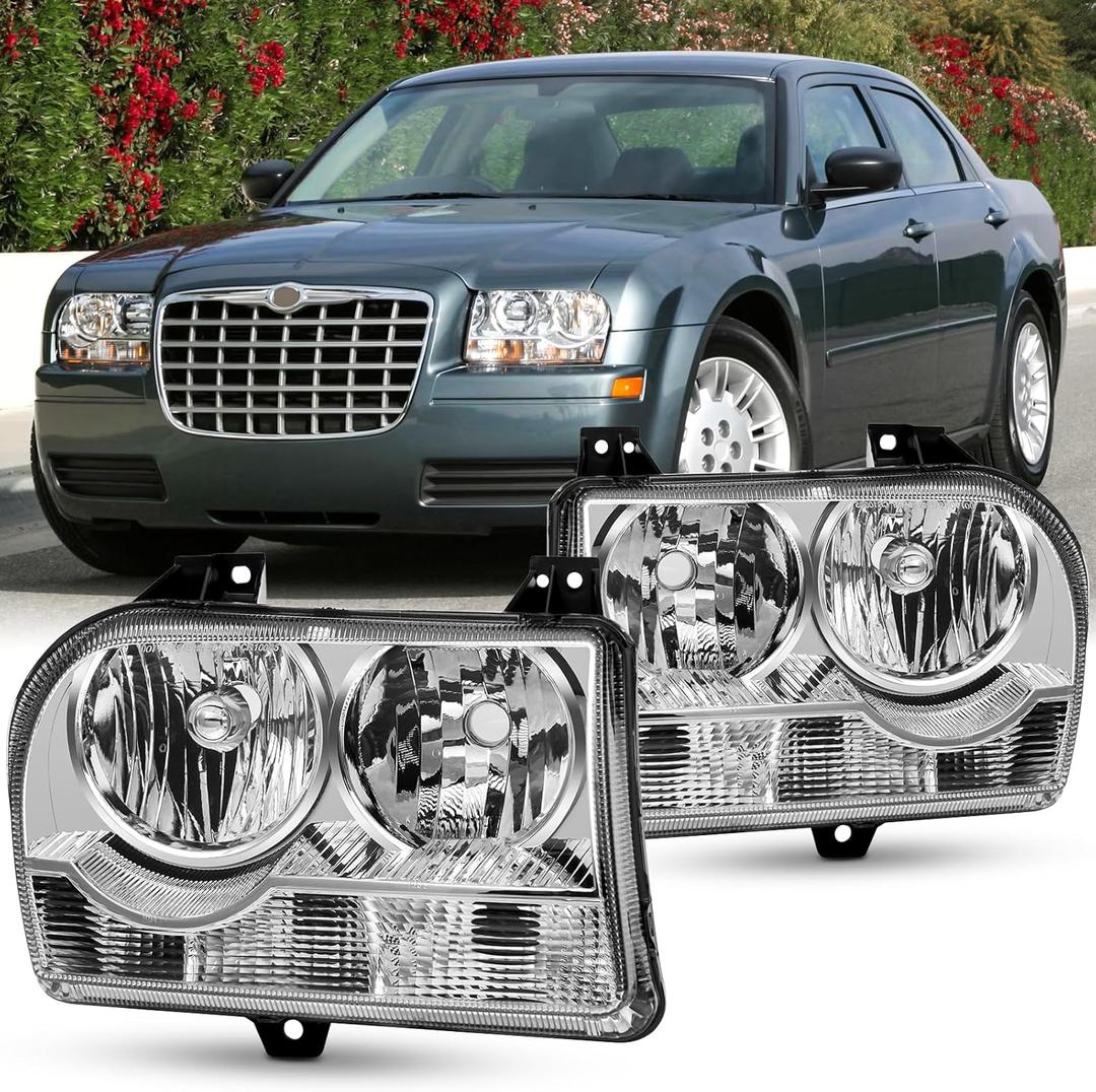 2pcs Headlights Assembly Set For 2005 2006 2007 2008 2009 2010 Chrysler 300 Base Touring LX Sedan Halogen Replacement Headlamps Chrome Housing Clear Reflector Lens Left and Right Side