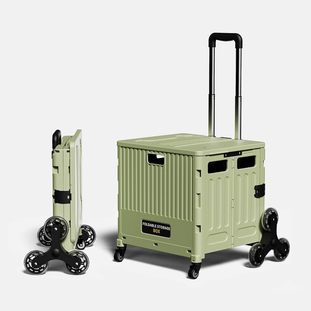 Folding Utility Cart Portable Rolling Crate Handcart Shopping Trolley Collapsible Tool Box, with Lid, Basket on 4 Rotate Wheels, for Grocery, Office, Luggage, Teacher-Green