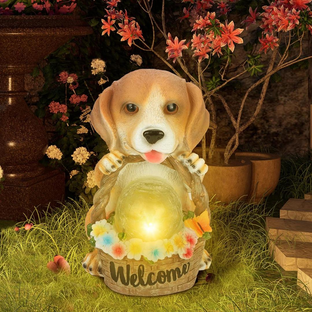 Solar Garden Outdoor Statues Dog Decor with LED Lights, Resin Art Decorations for Home Porch Balcony Yard Decor for Woman, Mom Housewarming Thanksgiving Birthday Gifts