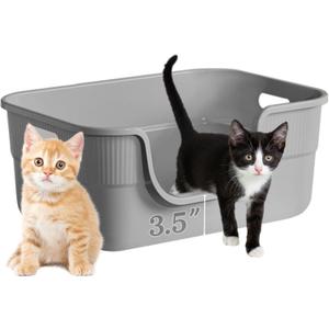 Low Entry Kitty Litter Box for Small Cats, Kittens Litter Boxes with High Sides, Open Top, Anti-Splash Plastic Litter Pan for Medium Pets, Easy to Clean, 16.5" L*11.8" W*7" H (Grey)