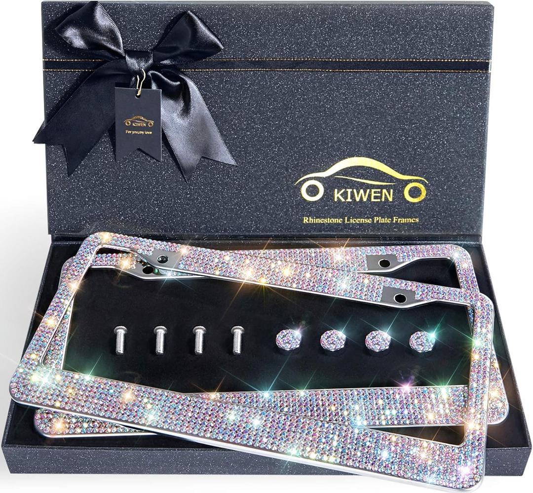 Bling License Plate Frames with High End Ribbon Gift Box,2 Pack Rhinestone License Plate Frame,Handcrafted Crystal Premium Stainless Steel Bling License Plate Frame for Women,Birthday (colorful)