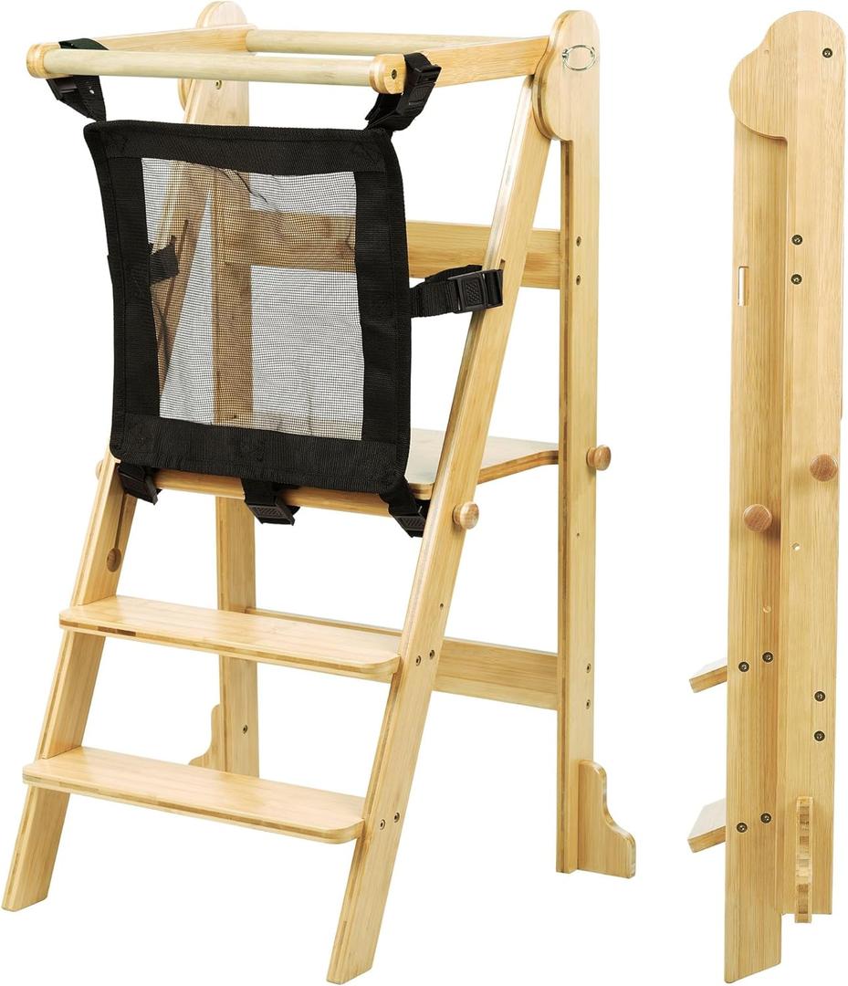 Foldable Toddler Kitchen Tower, Adjustable Height Toddler Learning Step Stool with Safety Net, Foldable Toddler Standing Tower Helper for Ages 18 Months to 6 Years - Bamboo