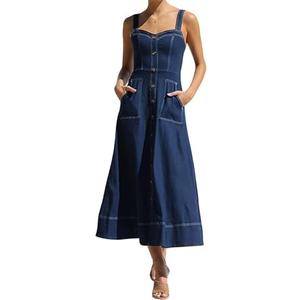 chouyatou Women's Adjustable Strap Midi Long Denim Dress 2025 Button Down A-Line Swing Flowy Jean Dress, XL (Dark Blue)