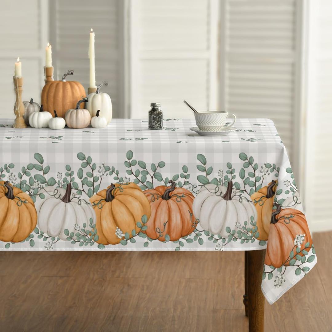 Horaldaily Fall Tablecloth 60x104 Inch Rectangular, Thanksgiving Autumn Harvest Orange Pumpkin Buffalo Plaid Table Cover for Party Picnic Dinner Decor