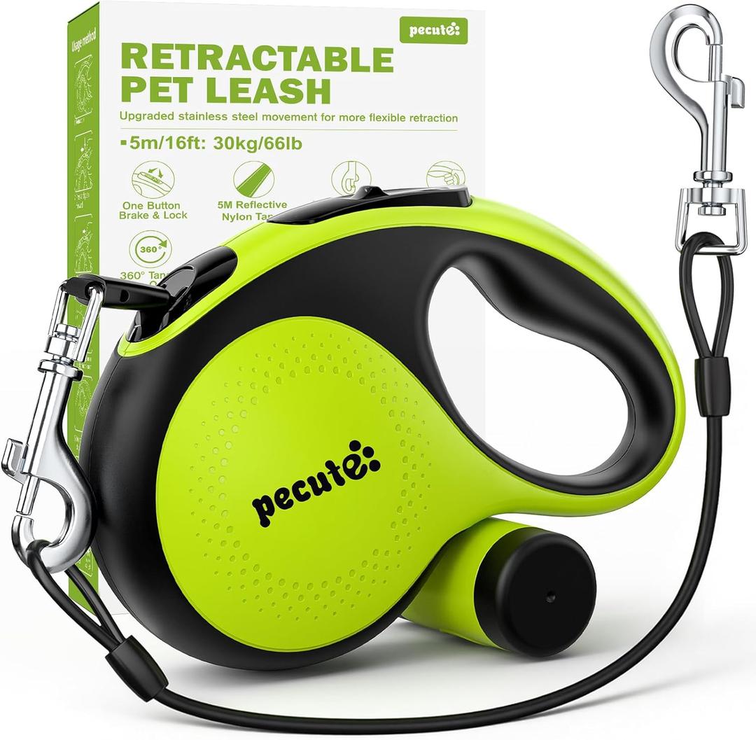 Pecute Retractable Dog Leash with Chew Proof Cable - 18,2 ft Heavy Duty Retractable Pet Leash with Dispenser and Poop Bags, Anti-Slip Handle, Reflective Leashes for Small Medium Dog Up to 66 lbs