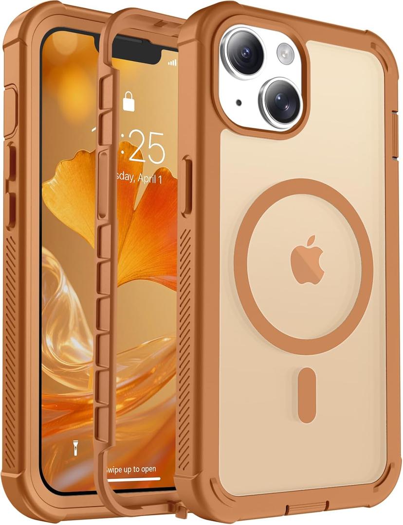 Magnetic for iPhone 14 Case, [Compatible with MagSafe][Military Grade Drop Protection][Heavy Duty Protection][Non-Slip][Shockproof] 2-Layer Durable Bumper Phone Case 6.1', Brown