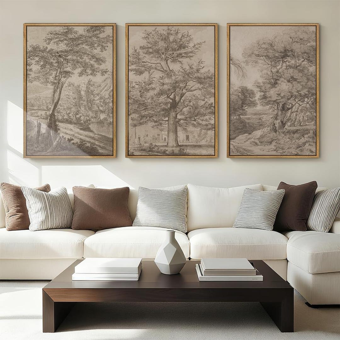 Extra Large Wall Art Framed Vintage Tree Sketch Antique Botanical Forest Prints Rustic Farmhouse Nature Decor for Living Room Bedroom Office 24"x36" Set of 3