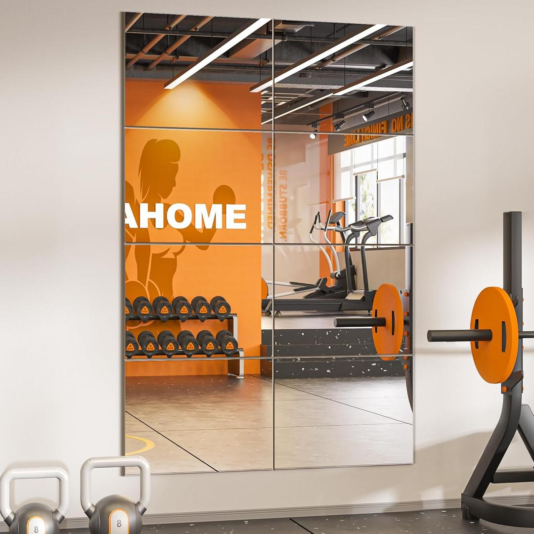 TRAHOME Wall Mirror Tiles, 16"x12"x8PCS Full Length Home Gym Mirror for Garage, Bedroom, Living Room, Over The Door (Frameless)