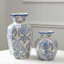 2 Pcs Blue and White Vintage Vase Chinoiserie Floral Vase 9.5'', 6'' Rustic Ceramic Vases for Home Decors, Living Room, Bookshelf, Office, Grand Millennial Decor, Chinoiserie Decors