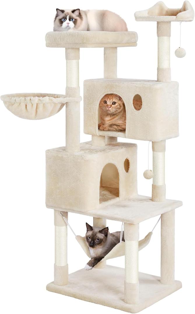 Yaheetech 64.5in Cat Tree Cat Tower Scratching Post, Plush Cover Cat Condo Bed Furniture with Hammock, Platform, Perch for Extra Large Cats as Playing House (Beige)
