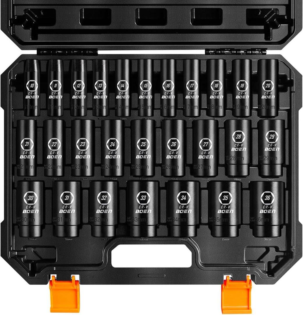 boen 10mm-36mm 1/2 Drive Metric Socket Set, Impact Deep Socket, 6-Point Axle Nut Socket with Portable Case, Rugged Construction, CR-V Steel, 27PCS