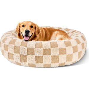 Dog Calming Beds for Small Medium Large Dogs - Round Donut Washable Puppy Dog Bed, Anti-Slip Faux Fur Fluffy Donut Cuddle Anxiety Cat Pet Bed (36" Grid)