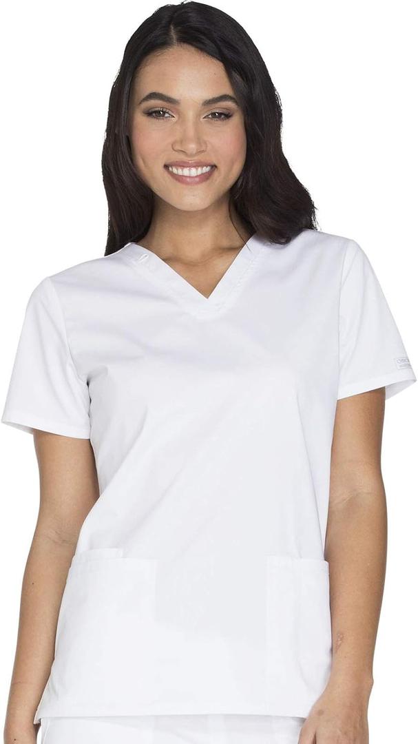 Cherokee Scrub for Women Modern Classic V-Neck Top with 3 Pockets, 2-Way Stretch, Ultra Soft & Breathable Fabric - WW630 (White, XS)
