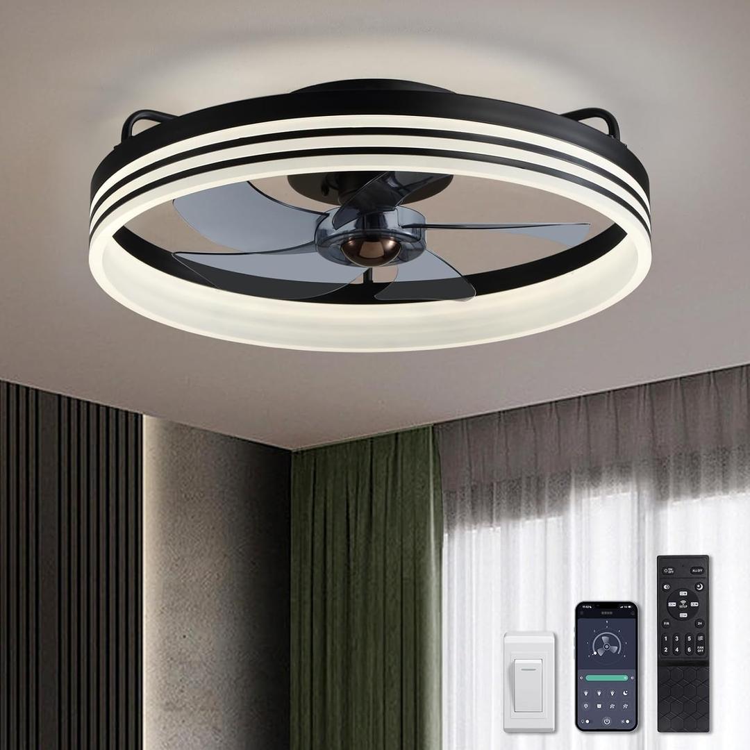 LUDOMIDE Ceiling Fan with Light, Flush Mounted Ceiling Fan with Lights, 6 Wind Speeds Smart Low Profile Fan for Bedroom, Kids Room and Living Room 20" (Black)