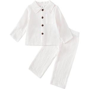 XFGLCK Toddler Boy Girl Fall Clothes Cotton Linen Long Sleeve Shirt Pants Set Unisex Casual Outfit (12-18 Months, White)