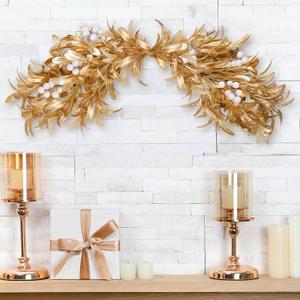 24" Artificial Gold Christmas Swag for Front Door Christmas Windows Swag with White Mistletoe Berry Gold Boxwood Leaf Mailbox Swags Garland for Xmas Home Window Mailbox Mantel Hanging Decor
