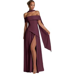 Satin Bridesmaid Dresses for Women with Scarf Off Shoulder Pleated Long Formal Party Dress with Slit (4, Plum)