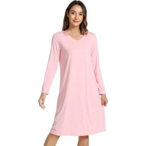 NACHILA Nightgowns for Women-Viscose Made from Bamboo, Long Sleeve Nightshirts Satin V Neck Sleepshirts Soft Sleep Dress (X-Large)