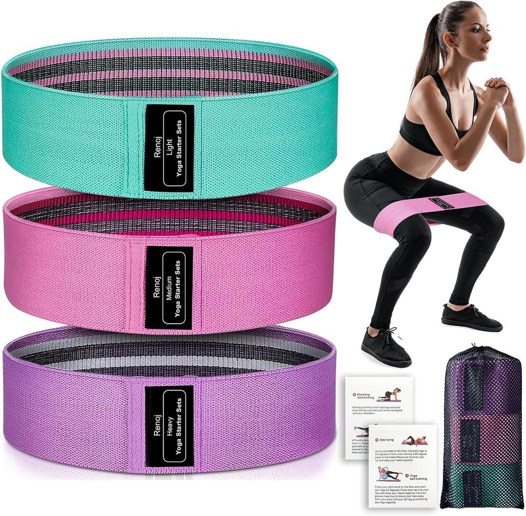 Renoj Resistance Bands for Working Out: 3-Set Professional Exercise Bands for Pilates, Yoga, Home Gym, Booty, Leg Training | Heavy/Medium/Light Fabric Loops for Women Men (Pink)