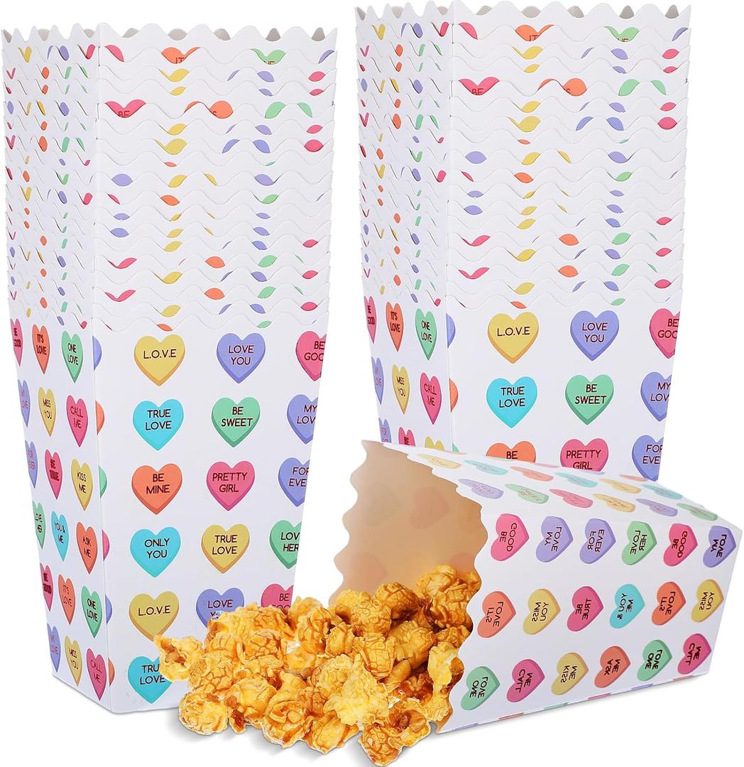 Geyoga 60 Pcs Valentine Popcorn Conversation Hearts Treat Candy Boxes with Cute Saying Heart Print Dessert Popcorn Container for Valentine Wedding Supplies