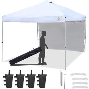 ISAGAPOY Pop up 10x10 Canopy Tent Compact Canopy, Portable Shade Instant Folding Better Air Circulation Canopy with Wheeled Bag x1 Sidewall x1 Canopy Sandbags x4 Tent Stakes x4 (White)