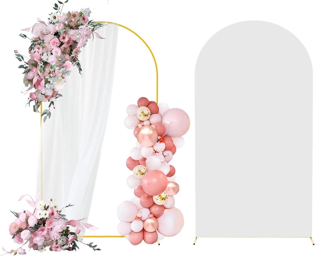 6.6FT Arch Backdrop Stand and Arch Cover Set, Gold Metal Arch Stand Backdrop with White Arch Stand Cover Ideal for Weddings, Birthday Parties, Baby Showers, Celebration Decorations
