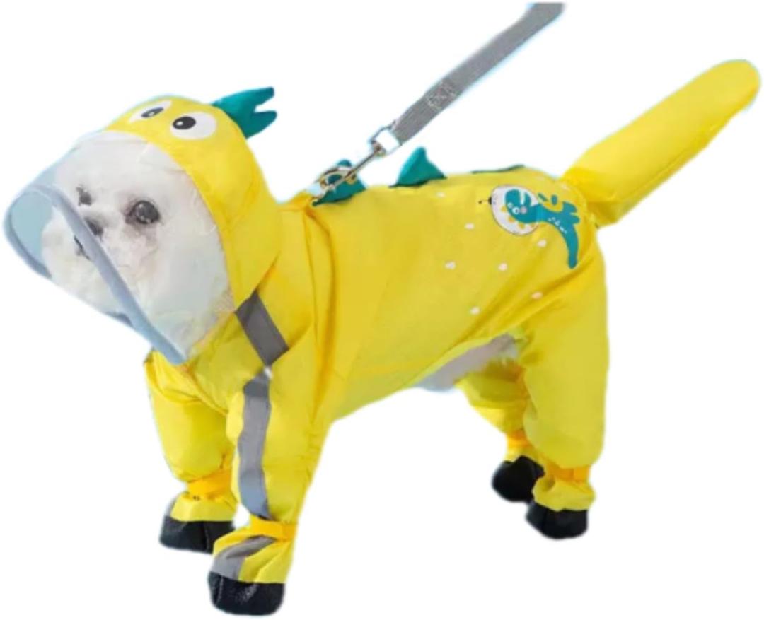 Waterproof Dog Raincoat,Full Coverage 4 Legs Dog Rain Jacket for Small Dogs,Pet Rain Coat with Hood,Reflective Strips&Leash Hole Outdoor Raincoat (Smallfor Weight 3.3-5 lb, Yellow Dinosaur)
