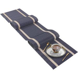 FAVE Woven Vinyl Table Runner Navy Blue Table Runner Woven with Golden Threads 72x12 Inches Wipeable Waterproof Dining Table Mats (Blue-72x12)