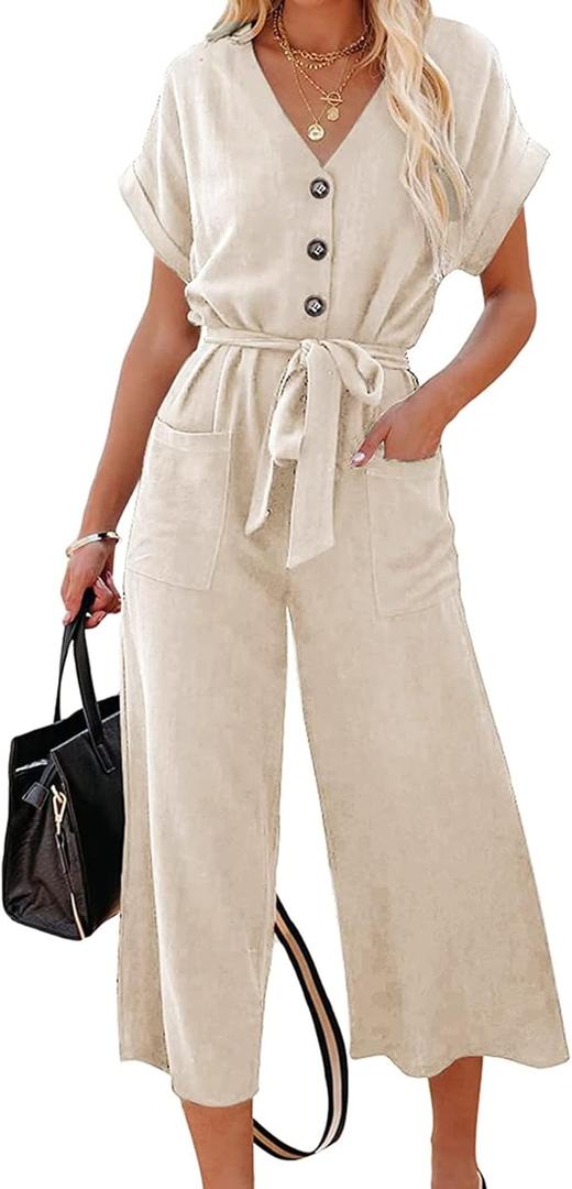 Acelitt Women's Ladies Fashion V Neck Short Sleeve Button Down High Waisted Belted Beige Wide Leg Jumpsuits XL