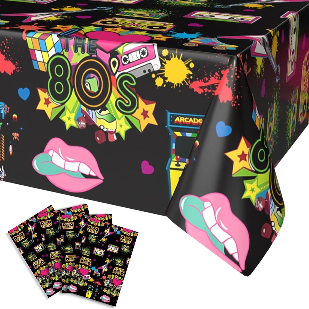 FunHot 80s Tablecloths, 80s Party Decorations, 4 Pcs 54 x 108 Inch Waterproof Rectangle Black Print Table Covers for Nostalgia Back to The 80s Theme Birthday Party Decorations