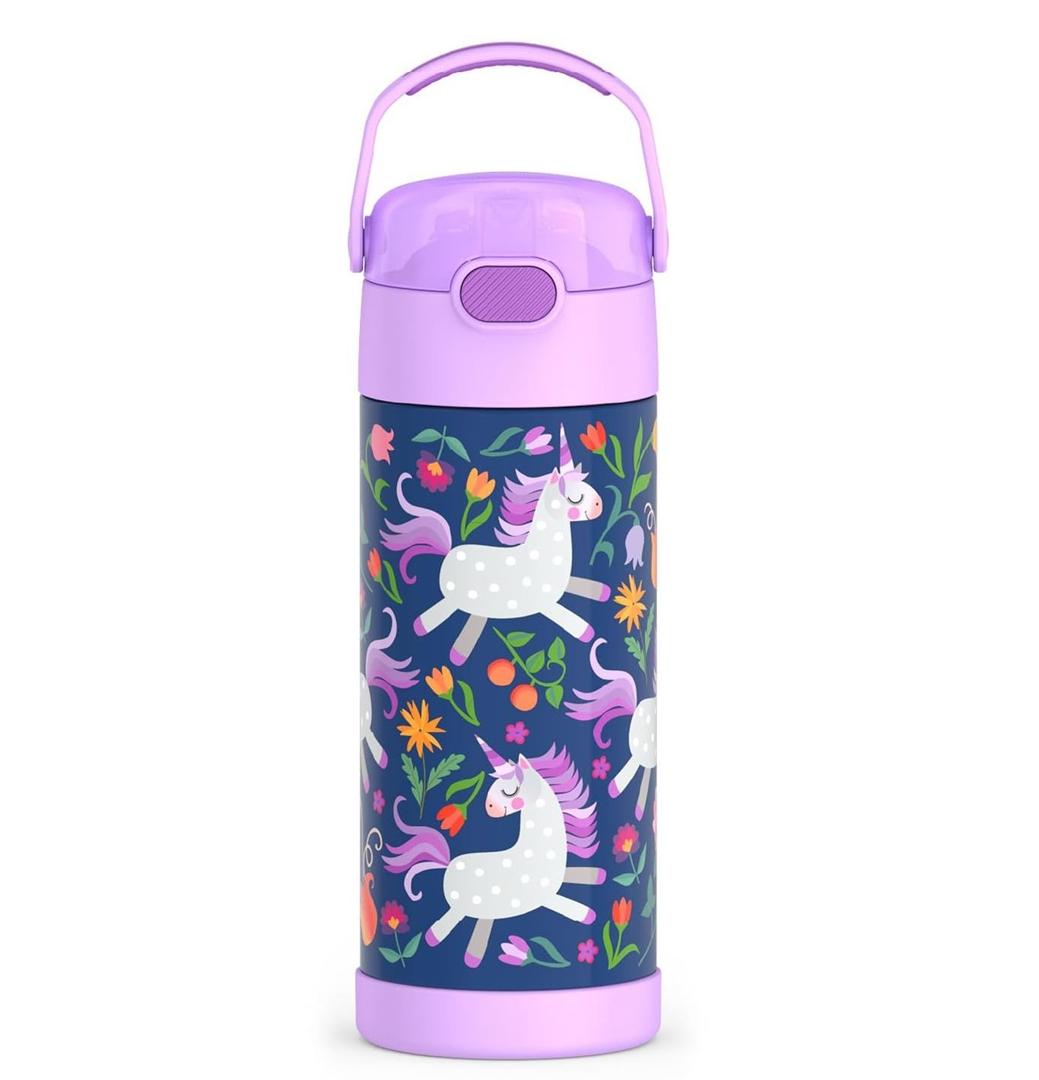 THERMOS FUNTAINER Water Bottle with Straw - 12 Ounce - Kids Stainless Steel Vacuum Insulated Water Bottle with Lid, Unicorn Blooms