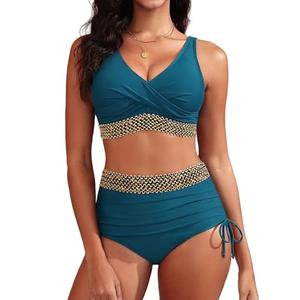 Aqua Eve Women High Waisted Bikini Twist Front Swimsuits Lace up Bikini Tops Ruched Push up 2 Piece Bathing Suits Sequin Tape Teal Medium