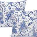 Chinoiserie Throw Pillow Covers Blue and White Home Decor 20x20 Inch, Floral Pillowcase Cushion Cover for Bed Sofa Couch, 2 Sets