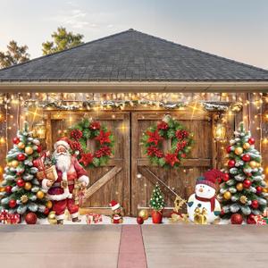 aqwtihaj 7 x 16 ft Christmas Garage Door Banner Decorations Rustic Barn Wood Door Christmas Garage Door Cover Large Xmas Santa Claus Snowman Wall Door Backdrop for Xmas Winter Indoor Outdoor Decor