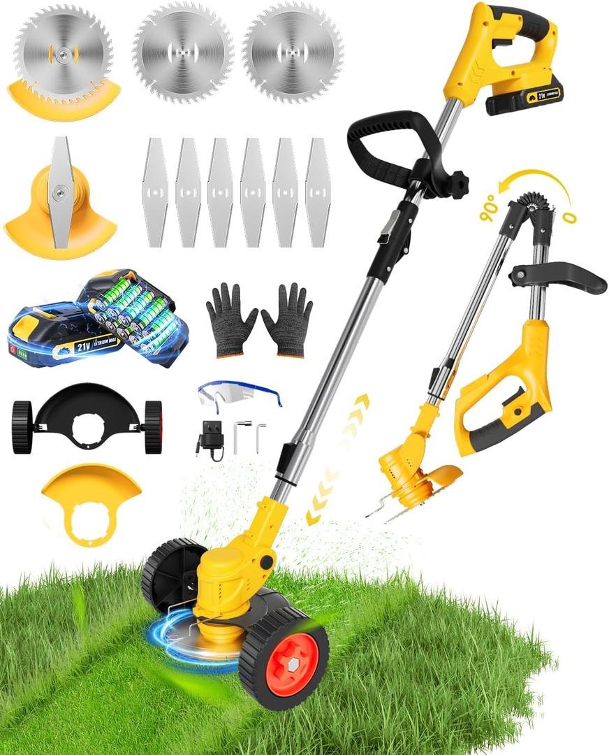 Electric Weed Wacker, Foldable Cordless Weed Eater Battery Powered, 3-in-1 Stringless Lightweight Brush Cutter Grass Trimmer Lawn Tool with Adjustable Length for Garden and Yard (Yellow)
