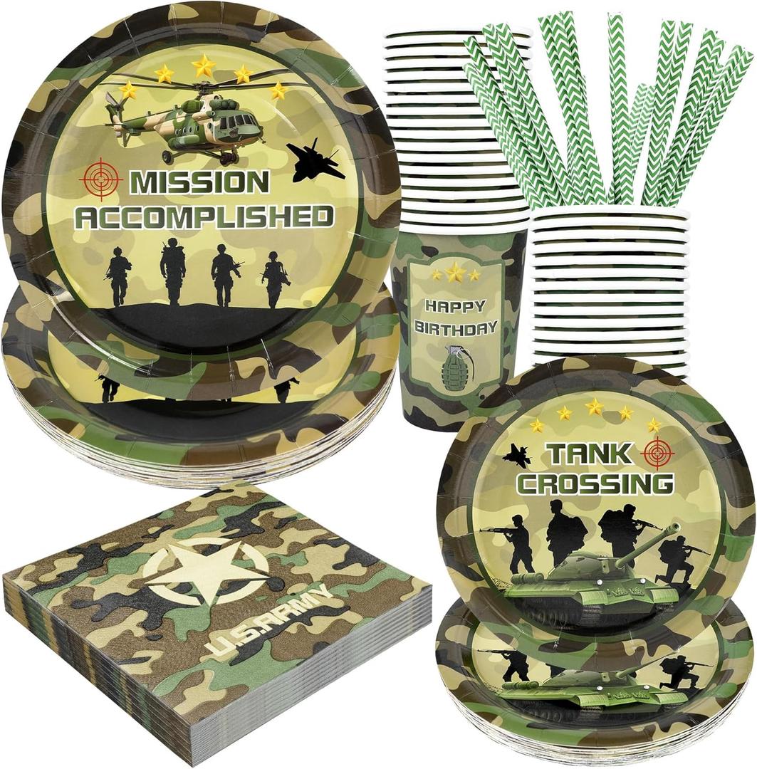 Army Birthday Party Supplies Decorations, Camo Theme Birthday Paper Plates and Napkins Set with Cups and Straws for 24 Guests, 120 Pcs Disposable Party Dessert Dinnerwares