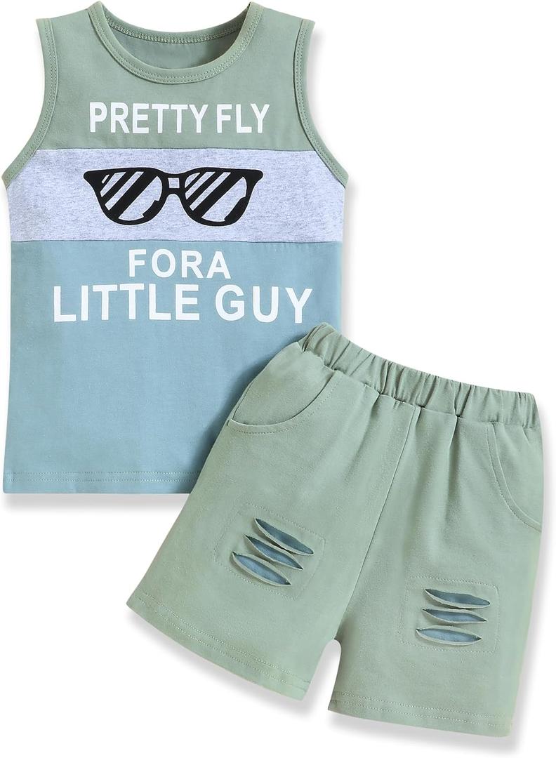 Crazyme Toddler Baby Boy Clothes Outfits Sleeveless Tops Striped Shorts Summer Baby Boys Clothes Set (2-3T, Blue Green)