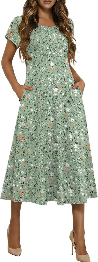 HOTOUCH Summer Dresses for Women 2026 Casual Midi Dress Petal Short Sleeve A Line Dress Pleated Flare Sundress