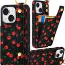 Petitian for iPhone 15 Case with Wallet - Women Girls Cute Girly Aesthetic Unique Design with Leather Credit Card Holder Cardholder Stand Wristband for Apple 15, Cherry