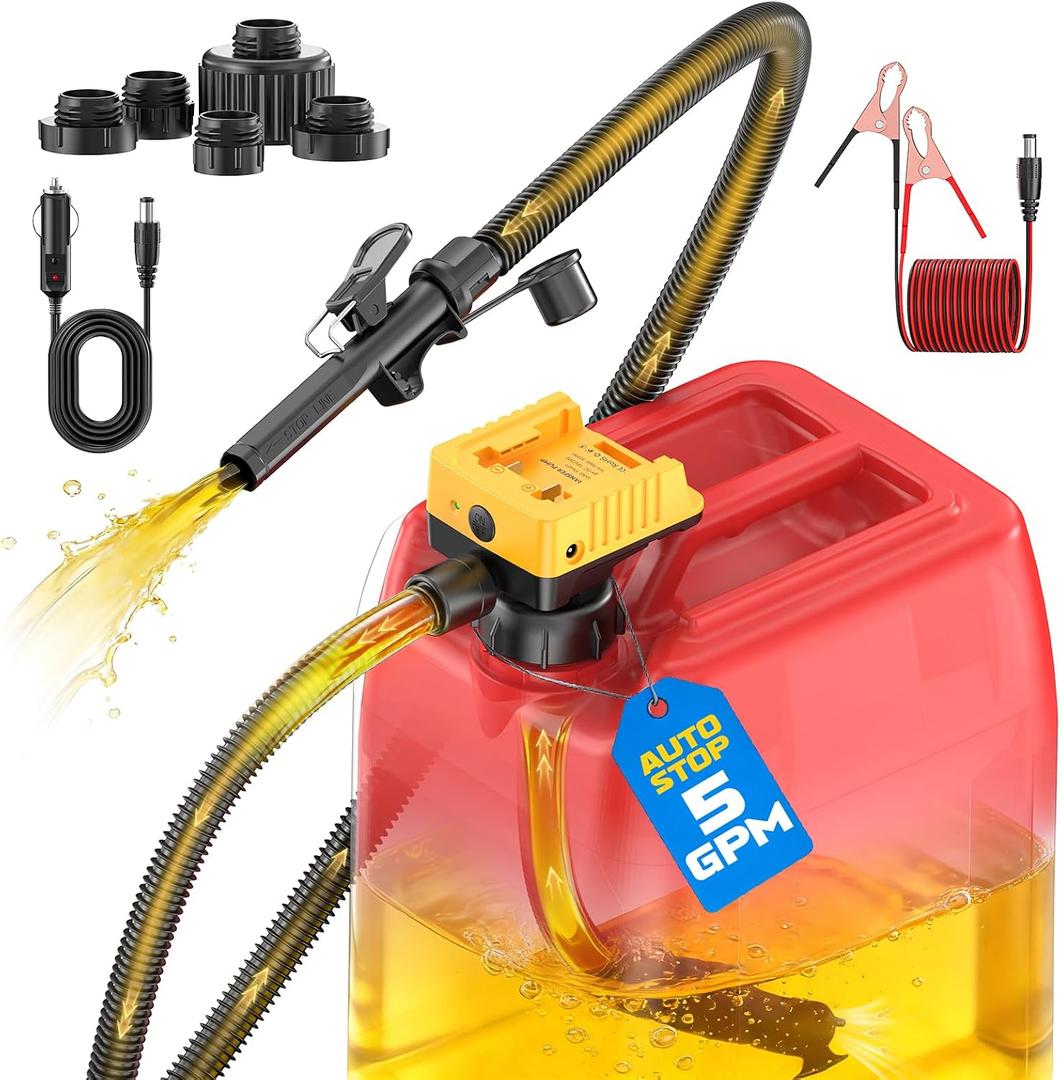 DIYtoolifz 5 GPM Cordless Fuel Transfer Pump with Auto Shut-Off & Beep Alert, Compatible with DeWalt 20V & Milwaukee 18V Batteries, Gas Can Pump for Gasoline/Diesel, 51" Hose & 5 Adapters (Bare Tool)