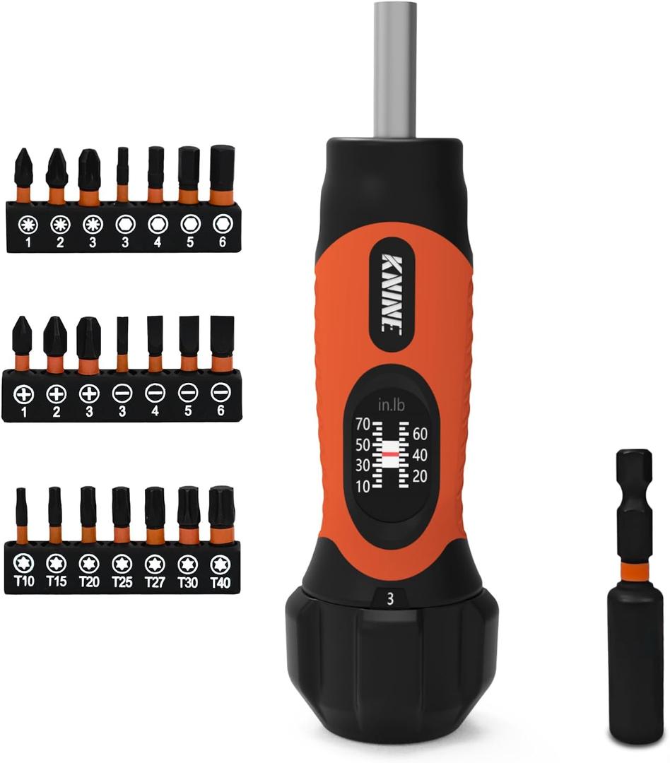 KNINE OUTDOORS Torque Screwdriver Wrench Driver Set 10-70 Inch Pounds lbs for Maintenance, 21 Hex Bits, Shaft Extension, For Tools, Bike Repairing and Mounting, Orange