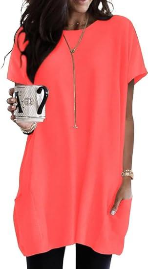 Poetsky Summer Womens Tunic Tops for Leggings with Pockets Short Sleeve Casual Long T Shirts Size Small 