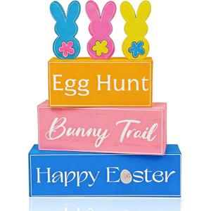 6 Pcs Easter Table Centerpiece Decor, Wooden Easter Bunny Tabletop Decoration, Tiered Tray Decor for Farmhouse, Office, Party, Kitchen, Double-Sided Easte Block Signs, Pastel Peeps Decor for Home (Easter3-egg-hunt)