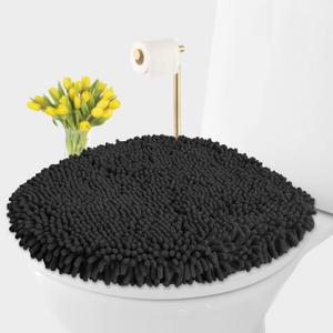 LuxUrux Toilet Lid Cover with Stretch Fit Elastic Band  Chenille Microfiber Toilet Seat Non-Slip Cover for Bathroom  Soft Plush, Machine Wash And Dry, Comfort & Clean Look (18 x 18'', Black)