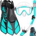 Snorkeling Gear for Adults Men Women,4 in 1 Snorkel Set with Panoramic View Diving Mask Anti-Fog Anti-Leak,Dry Top Snorkel,Fins and Travel Bag for Swimming,Snorkeling and Travel Diving (Small-Medium, Transparent Green)