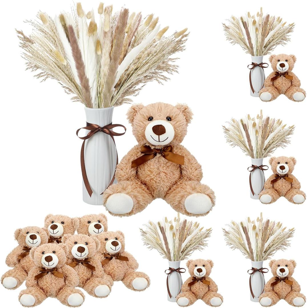 5 Sets 123 Pcs Baby Shower Table Centerpieces Dried Pampas Decor Bear Stuffed Ceramic Look Plastic Vase with Bow for Boho Wedding Bridal Shower Flowers Table Decorations(Brown,Neutral)