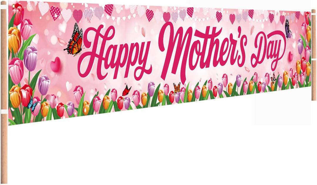Mothers Day Decorations, Happy Mothers Day Banner, Large Size Pink Floral Design with Butterflies Mother's Day Outdoor Decorations, 118 x 20 Inch