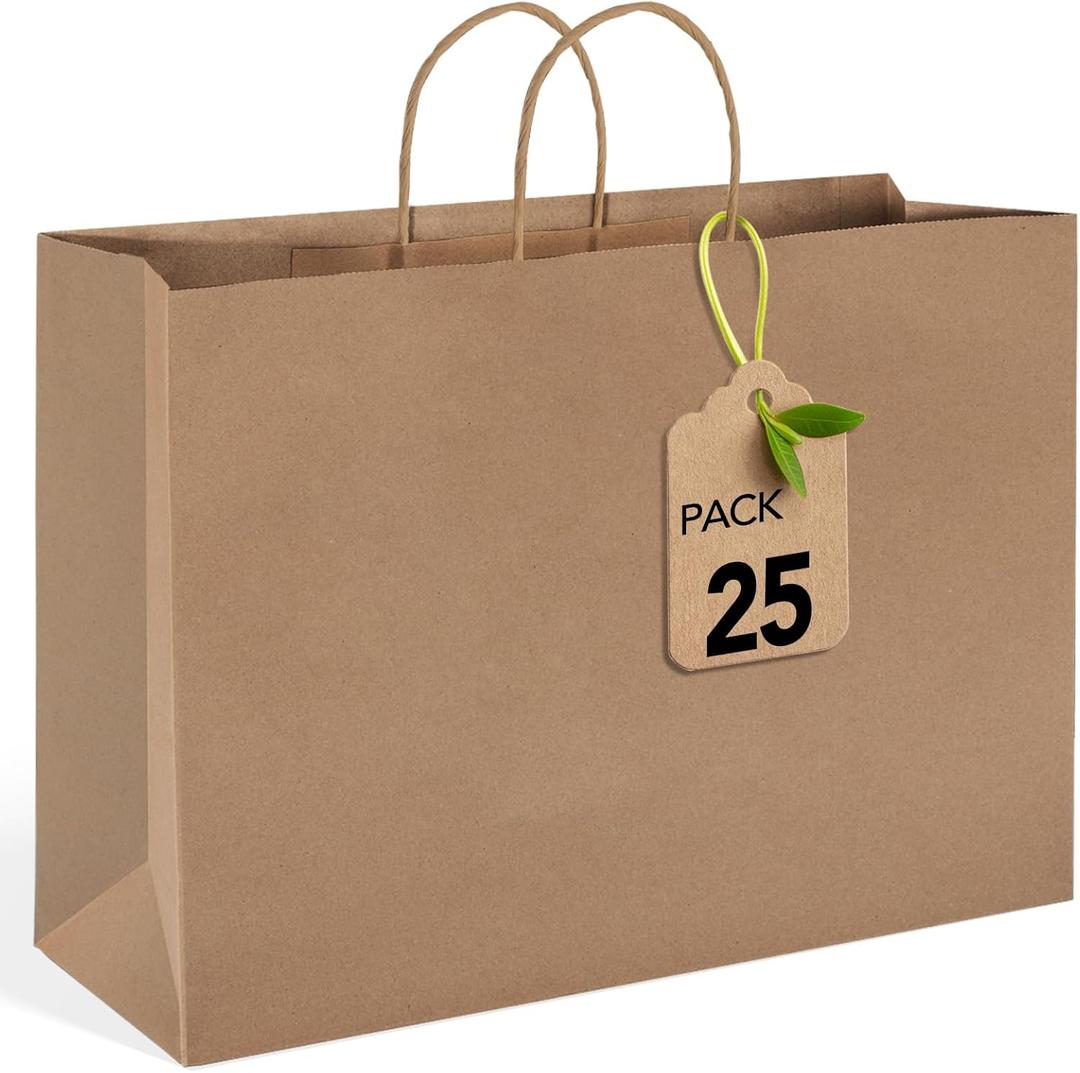 MESHA Large Brown Paper Bags with Handles 16x6x12 Inch 25 Pack Gift Shopping Bags Large Craft Bag Kraft Bag for Small Business